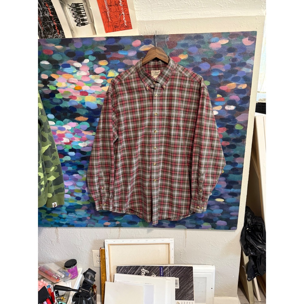 LL Bean Mens Large Plaid Button Down Shirt Red Green Cotton Long Sleeve
